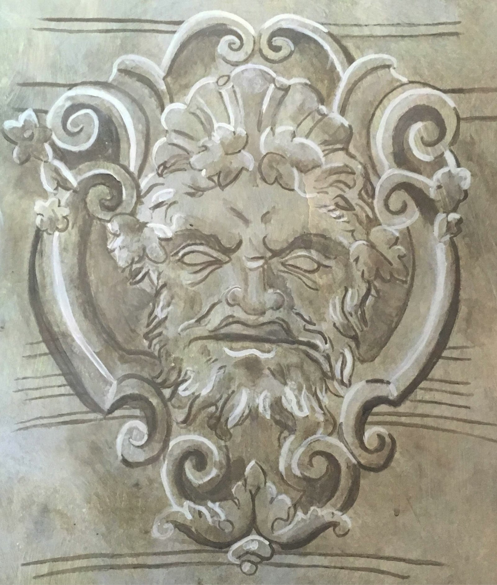 Trompe-l'œil, mascaron sculpté en grisaille